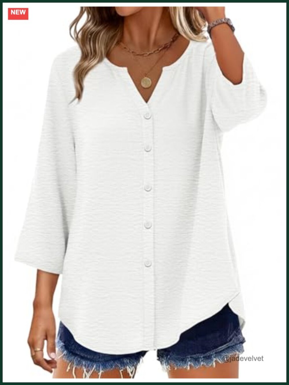 Women's 3/4 Sleeve Button Down Shirt V Neck Blouse